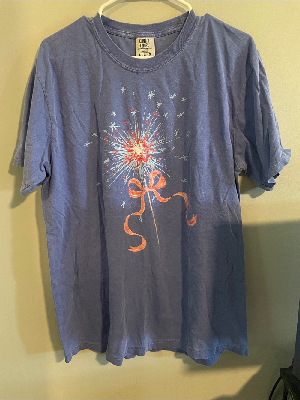 Comfort Colors Blue Short-Sleeve Tee with Firework and Bow Graphic